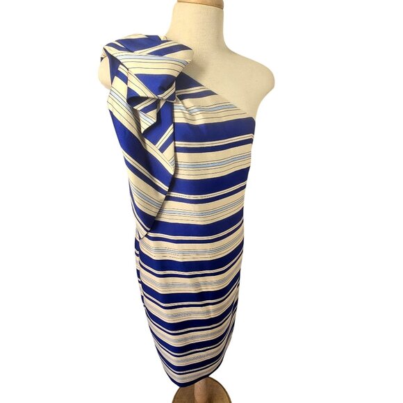 Banana Republic One Shoulder Bow Sheath Dress Sz 10 Blue Cream Stripe NWT